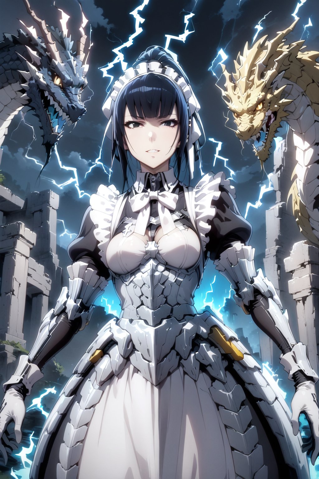 dragons, two dragons, 1girl, masterpiece, best quality, very aesthetic, absurdres,narberal gamma \(overlord\), black hair, evil grin, white maid headband, black eyes, slim body, spread arms, 
ribbon, bow, maid, apron, armored dress, gloves, magic chanting, (((lightning))), (((blue aura))), Ancient ruins, night, (floating in the air), sky, front view, from below, face, close up. 