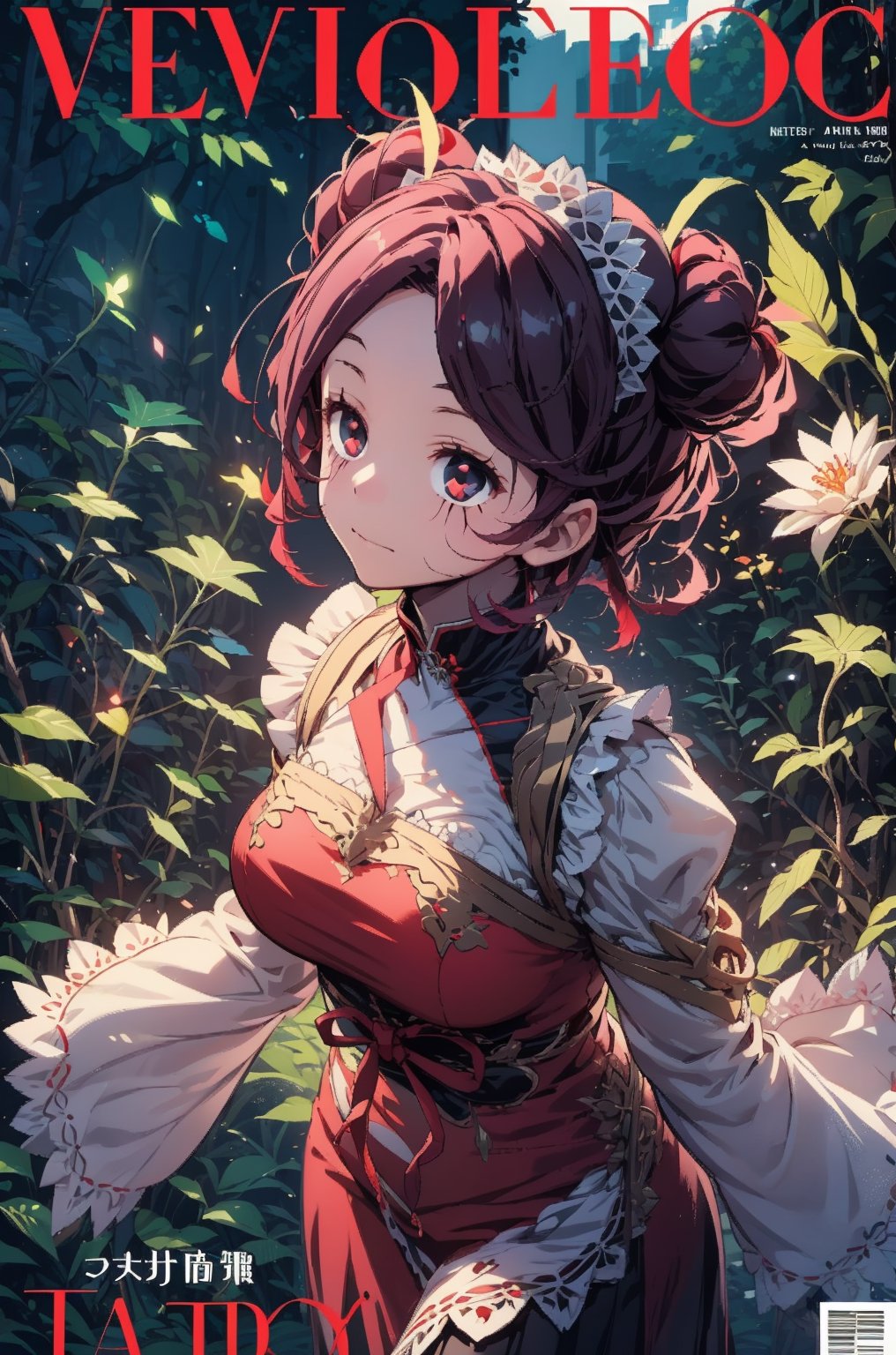 magazine cover, character name, english text, Entoma Vasilissa Zeta, girl, burgundy hair, short hair, twin buns, insect antennae, porcelain face, red-black eyes, black eyes scars
Slender, skinny, chinese dress, flat chest, maid hairband,
(masterpiece), (best quality), 8k illustration,
solo,1girl, maid dress, maid uniform, red theme, red outfit, red uniform, Chinese dress, thick scar on her face, thick scar on her skin, 
sleeves, 
light, detail, atmosphere, effects, color, spider, gigantic spider shadow behind, forest, 
darkness, night, magazine cover, english text, small photos, 