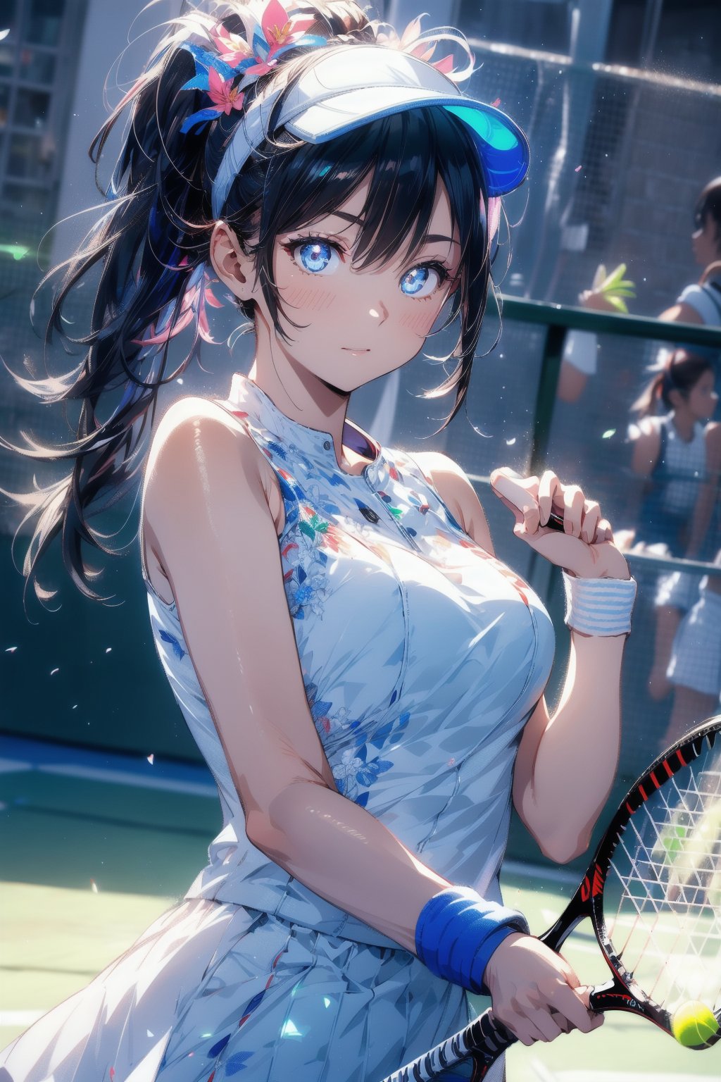 Paris Olympics, (((tennis))), (white, red, blue), 
visor cap, white dress, short dress, sleeveless, wristband, tennis uniform, (tricolor line), tennis racket and ball,  
anime style beautiful woman, 1girl, (ponytail), black hair, (long hair), 

Slender, skinny, (turime), thick eyebrows, 

vibrant colors, sharp focus, best quality, depth of field, cinematic lighting, (illustration, 8k CG, extremely detailed), ultra-detailed, high resolution, firefliesfireflies, perfect light, 
stylish pose, 8k, very clear, highest quality, high resolution. best quality, illustration, sax blue, 1girl, cute, (dynamic lighting:1.2), cinematic lighting, delicate facial features, detailed eyes, sharp pupils, realistic pupils, depth of field, bokeh, sharp focus, (hyper-detailed, bloom, glow:1.4), many small gems