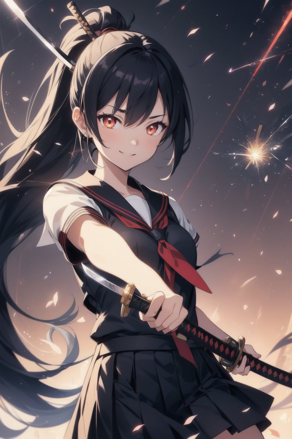 anime style beautiful woman, 1girl, (ponytail), black hair, (long hair), (smile),
Slender, skinny, (turime), thick eyebrows, 
(school uniform), (sailor uniform), ((red sailor tie)), (white sailor blouse), 
 (((weapon, katana, holding weapon, emphasis line, sparks, plasma, aura))), standing, 
vibrant colors, sharp focus, best quality, depth of field, cinematic lighting, (illustration, 8k CG, extremely detailed), ultra-detailed, high resolution, firefliesfireflies, perfect light, 
stylish pose, 8k, very clear, highest quality, high resolution. best quality, illustration, sax blue, 1girl, cute, (dynamic lighting:1.2), cinematic lighting, delicate facial features, detailed eyes, sharp pupils, realistic pupils, depth of field, bokeh, sharp focus, (hyper-detailed, bloom, glow:1.4), many small gems,atmosphere,effects