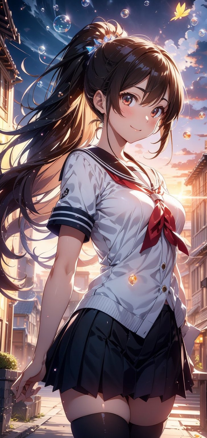 anime style beautiful woman, 1girl, (ponytail), brown hair, (long hair), smile, 
Slender, skinny, Flat Chest, small breasts, (turime), thick eyebrows, 
school uniform, sailor uniform, symple background, 
vibrant colors, female, masterpiece, sharp focus, best quality, depth of field, cinematic lighting, ((solo, one woman )), (illustration, 8k CG, extremely detailed), ultra-detailed, high resolution, firefliesfireflies,perfect light
The rays of hope in the entire universe converged on the goddess's chest, and a brand new sun was born from the goddess's chest ,(petals | rain), (Bubble | crystal), (Glory|White Cloud),