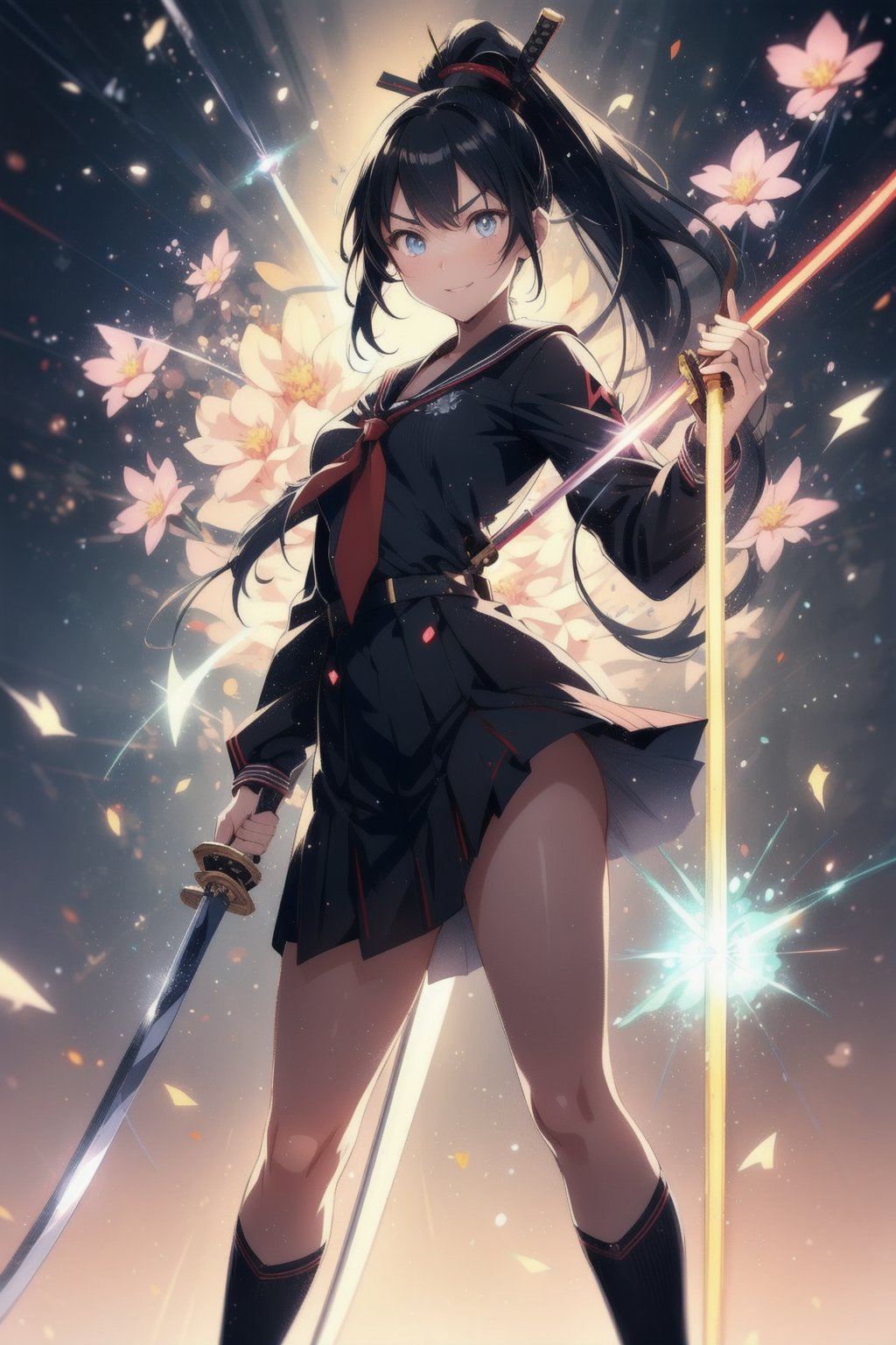 anime style beautiful woman, 1girl, (ponytail), black hair, (long hair), (smile),
Slender, skinny, (turime), thick eyebrows, 
(school uniform), (sailor uniform), ((red sailor tie)), (white sailor blouse), 
 (((weapon, katana, holding weapon, emphasis line, sparks, plasma, aura))), standing, full body, 
vibrant colors, sharp focus, best quality, depth of field, cinematic lighting, (illustration, 8k CG, extremely detailed), ultra-detailed, high resolution, firefliesfireflies, perfect light, 
stylish pose, 8k, very clear, highest quality, high resolution. best quality, illustration, sax blue, 1girl, cute, (dynamic lighting:1.2), cinematic lighting, delicate facial features, detailed eyes, sharp pupils, realistic pupils, depth of field, bokeh, sharp focus, (hyper-detailed, bloom, glow:1.4), many small gems,atmosphere,effects