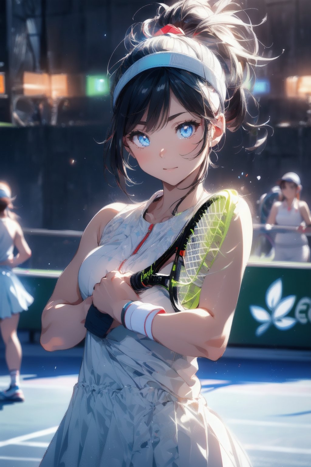 Paris Olympics, (((tennis))), (white, red, blue), 
visor cap, white dress, short dress, sleeveless, wristband, tennis uniform, (tricolor line), tennis racket and ball,  
anime style beautiful woman, 1girl, (ponytail), black hair, (long hair), 

Slender, skinny, (turime), thick eyebrows, 

vibrant colors, sharp focus, best quality, depth of field, cinematic lighting, (illustration, 8k CG, extremely detailed), ultra-detailed, high resolution, firefliesfireflies, perfect light, 
stylish pose, 8k, very clear, highest quality, high resolution. best quality, illustration, sax blue, 1girl, cute, (dynamic lighting:1.2), cinematic lighting, delicate facial features, detailed eyes, sharp pupils, realistic pupils, depth of field, bokeh, sharp focus, (hyper-detailed, bloom, glow:1.4), many small gems