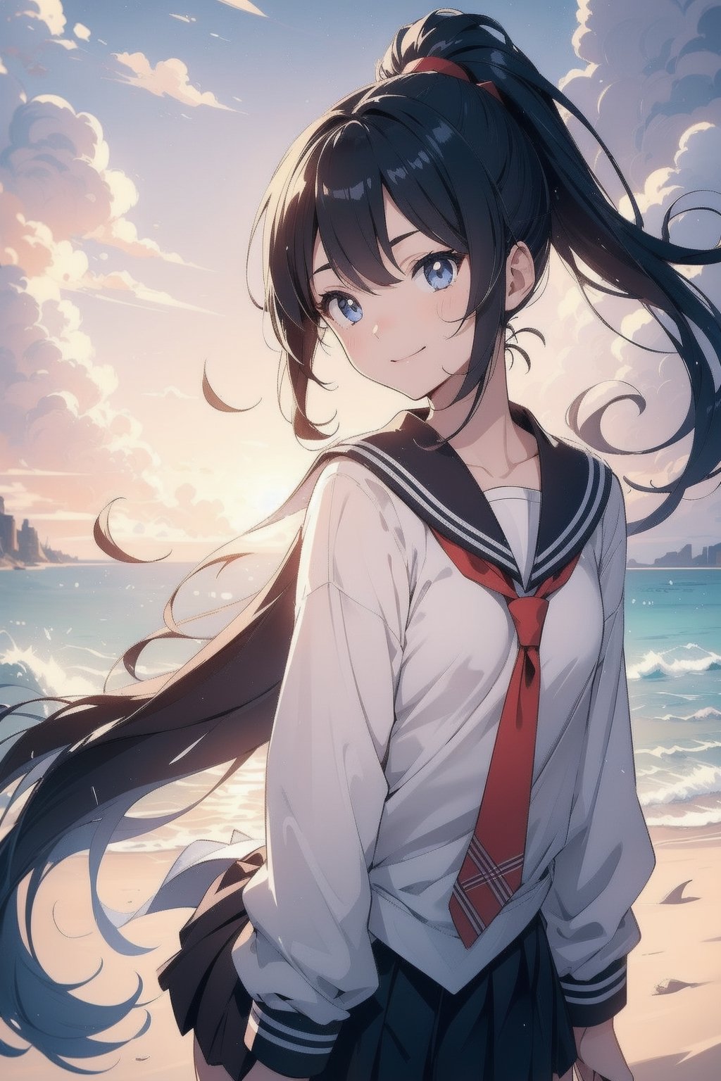 anime style beautiful woman, 1girl, (ponytail), black hair, (long hair), (smile), (beach), (A blanket of clouds stretching across the sky, diffusing sunlight and creating a soft, subdued atmosphere)),  
Slender, skinny, (turime), thick eyebrows, 
(school uniform), (sailor uniform), ((red sailor tie)), (white sailor blouse), 
vibrant colors, sharp focus, best quality, depth of field, cinematic lighting, (illustration, 8k CG, extremely detailed), ultra-detailed, high resolution, firefliesfireflies, perfect light, 
stylish pose, 8k, very clear, highest quality, high resolution. best quality, illustration, sax blue, 1girl, cute, (dynamic lighting:1.2), cinematic lighting, delicate facial features, detailed eyes, sharp pupils, realistic pupils, depth of field, bokeh, sharp focus, (hyper-detailed, bloom, glow:1.4), many small gems,Beautiful Beach,rain,niji,light