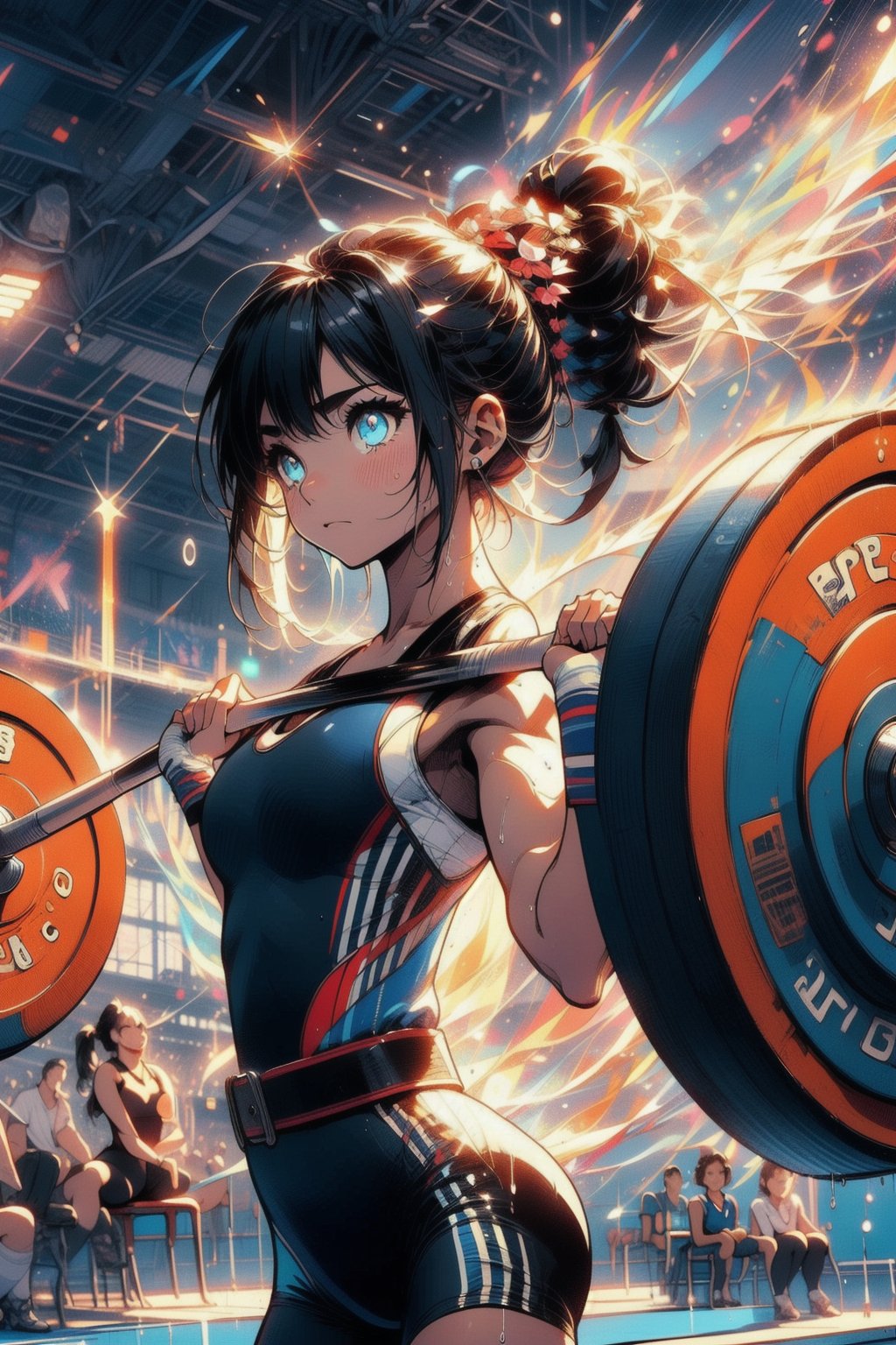 Paris Olympics, (((weightlifting)))
anime style beautiful woman, 1girl, (ponytail), black hair, (long hair), 
Slender, skinny, (turime), thick eyebrows, 
 (wet), tight_clothes, 
Olympic Stadium, stage, 
vibrant colors, sharp focus, best quality, depth of field, cinematic lighting, (illustration, 8k CG, extremely detailed), ultra-detailed, high resolution, firefliesfireflies, perfect light, 
8k, very clear, highest quality, high resolution. best quality, illustration, sax blue, 1girl, cute, (dynamic lighting:1.2), cinematic lighting, delicate facial features, detailed eyes, sharp pupils, realistic pupils, depth of field, bokeh, sharp focus, (hyper-detailed, bloom, glow:1.4), many small gems,girl,Midjourney,volleyball uniform, big tits, cleavage, looking viewer, facing viewer, multiple boys, fingerless gloves, cheering, official scorer, crowd in distant stands, stadium, olympic venues, sports shorts, athletes uniforms, ((olympic rings symbol)), ((holding barbell)),