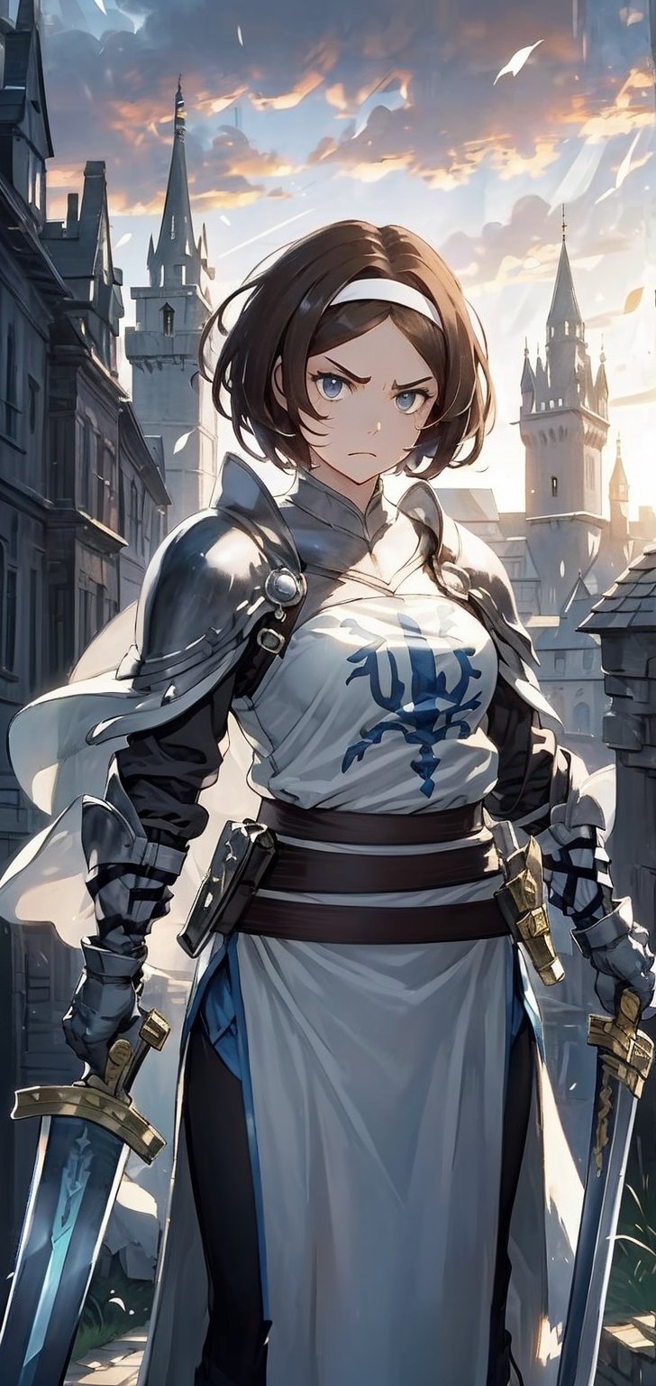 masterpiece, best quality, headband, 
1girl, solo
Remedios, short hair, hair band, brown hair, armor, serious face, looking at viewer,
((holding sword)), buster sword, sky, forest, 
Castles, towers, medieval castle, outdoors, gloomy lighting, (afternoon:1.2), dynamic pose,perfect light