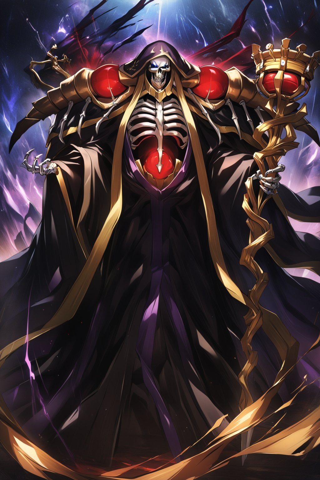 score_9, score_8_up, score_7_up, score_6_up, source_anime, best quality, masterpiece, colorful, very aesthetic, anime, BREAK   ainz ooal gown, skeleton, lich, dark robe, red dot eyes, overlord, so-bin style, teeth, hood, magic, enchanted, guild staff, golden staff  with snakes  and jewels,ainz ooal gown \(overlord\),