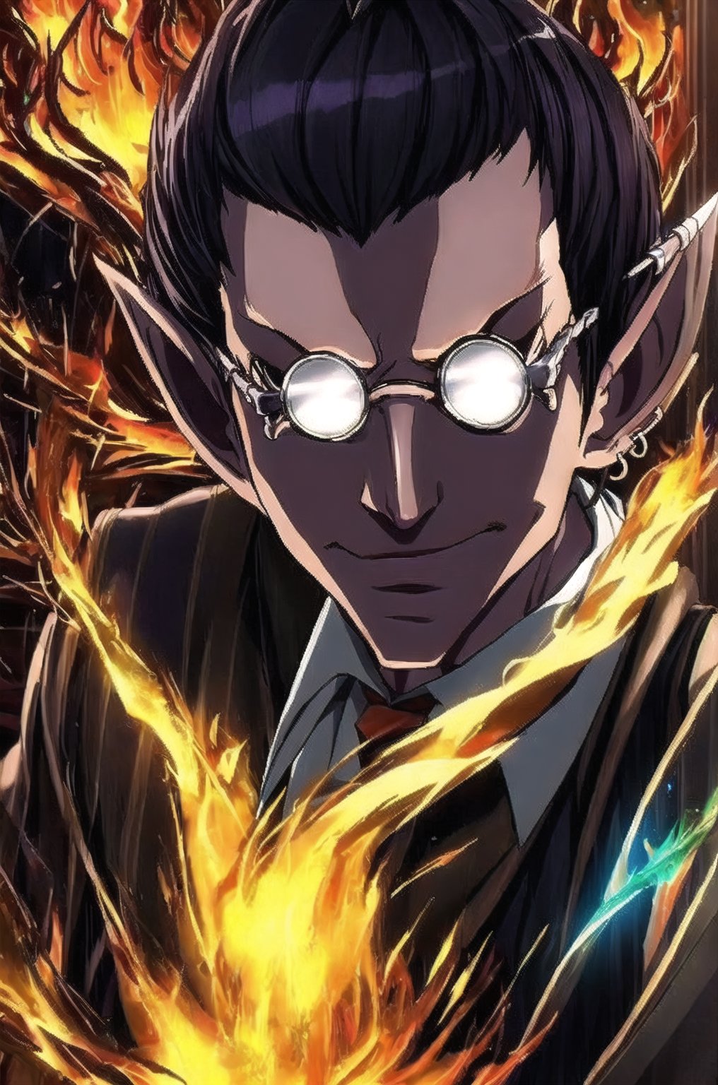 ((masterpiece))),best quality, illustration, 
Demiurge, orange suit, orange trouser, Orange Necktie, Silver Round Glasses, short hair, pointy ears, black hair, Diamond Eyes, long metal tail,  black gloves, demiurge, 
upper body, fire, glowing forehead