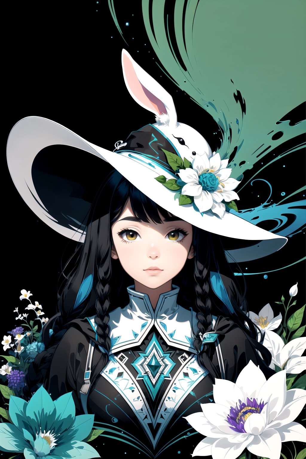 (( Ride on beautifully decorated white giant lagomorph )) , shining eyes , twin braid , black hair , parted bangs, little girl, 15 years old, simple green witch's big hat and green robe, intricate details, 32k digital painting, hyperrealism, (vivid color,abstract background:1.3, colorful:1.3, flowers:1.2, zentangle:1.2, fractal art:1.1) ,High detailed ,