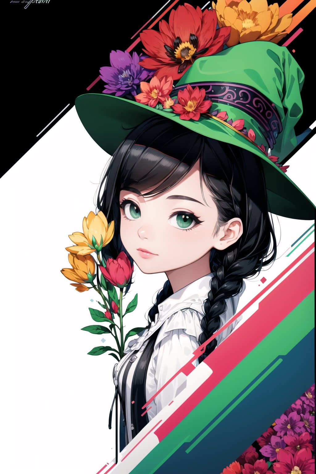 (( playing a luxurious white piano )) , shining eyes , twin braid , black hair , parted bangs, little girl, 15 years old, simple green witch's big hat and green robe, intricate details, 32k digital painting, hyperrealism, (vivid color,abstract background:1.3, colorful:1.3, flowers:1.2, zentangle:1.2, fractal art:1.1) ,High detailed ,