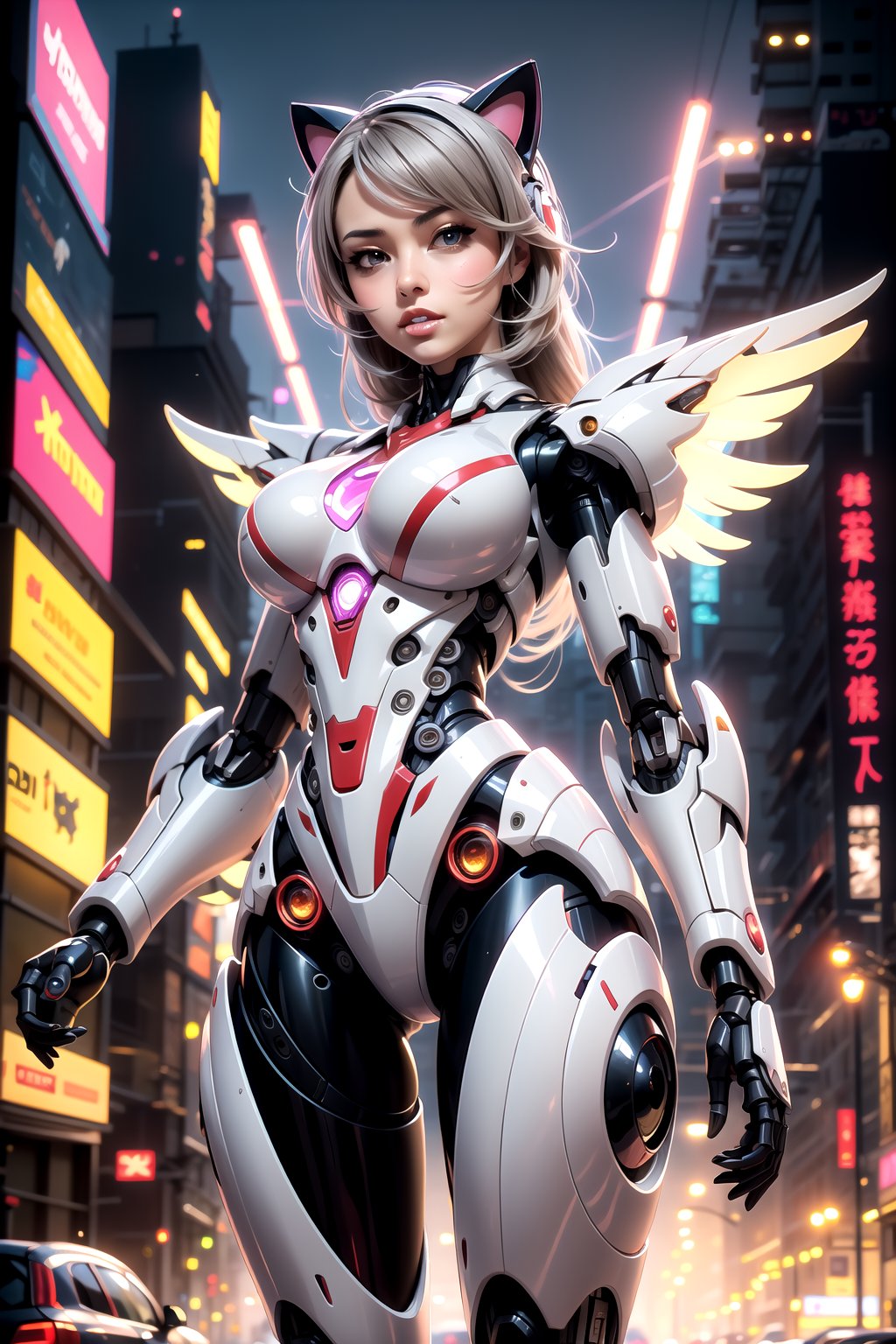 masterpiece, best quality,ultra-detailed, 1girl solo, grey theme, mecha musume, mechanical parts, mecha wings and rockets, robot joints, blush, standing, cowboy shot, cat ears, sakamata, mecha,cyberpunk robot