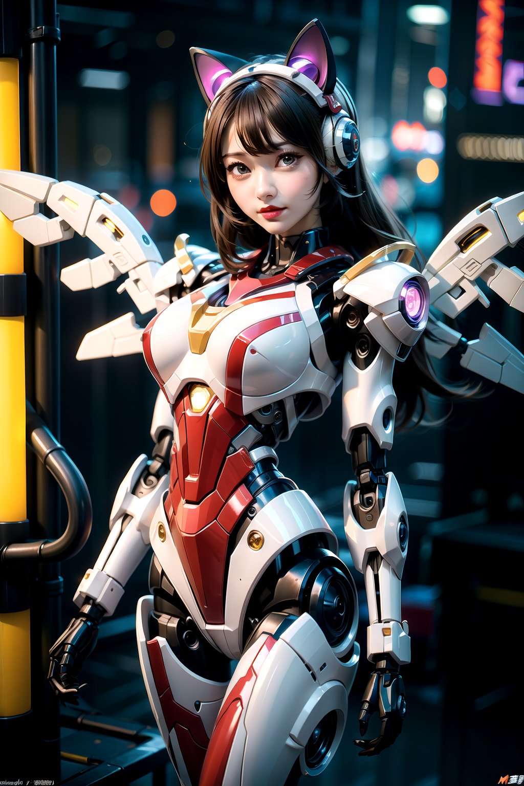 masterpiece, best quality,ultra-detailed, 1girl solo, grey theme, mecha musume, mechanical parts, mecha wings and rockets, robot joints, blush, standing, cowboy shot, cat ears, sakamata, mecha,cyberpunk robot