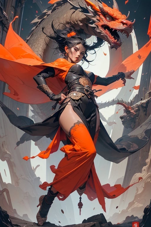 Best quality, masterpiece, ultra high res, 1 girl, beautiful face, detailed skin, gu, dragon, full body, weapon, black hair, holding weapon, blood, arm guards, male focus, looking at viewer, black eyes, tabi, floating hair, full body, orange, hands up