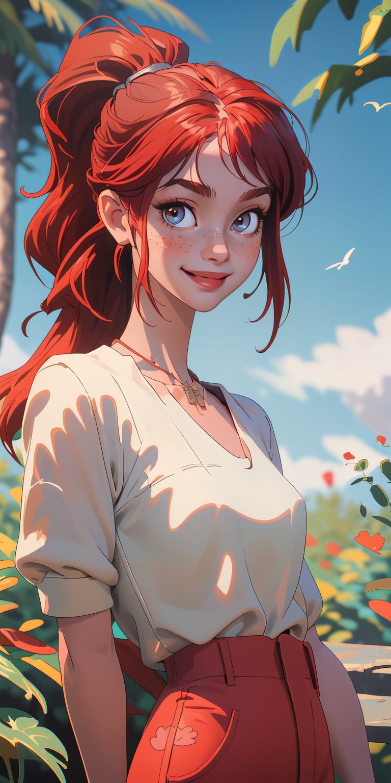 (masterpiece, best quality), 1girl, collarbone, wavy hair, looking at viewer, blurry foreground, upper body, necklace, contemporary, plain pants, ((intricate, print, pattern)), ponytail, freckles, red hair, dappled sunlight, smile, happy, 