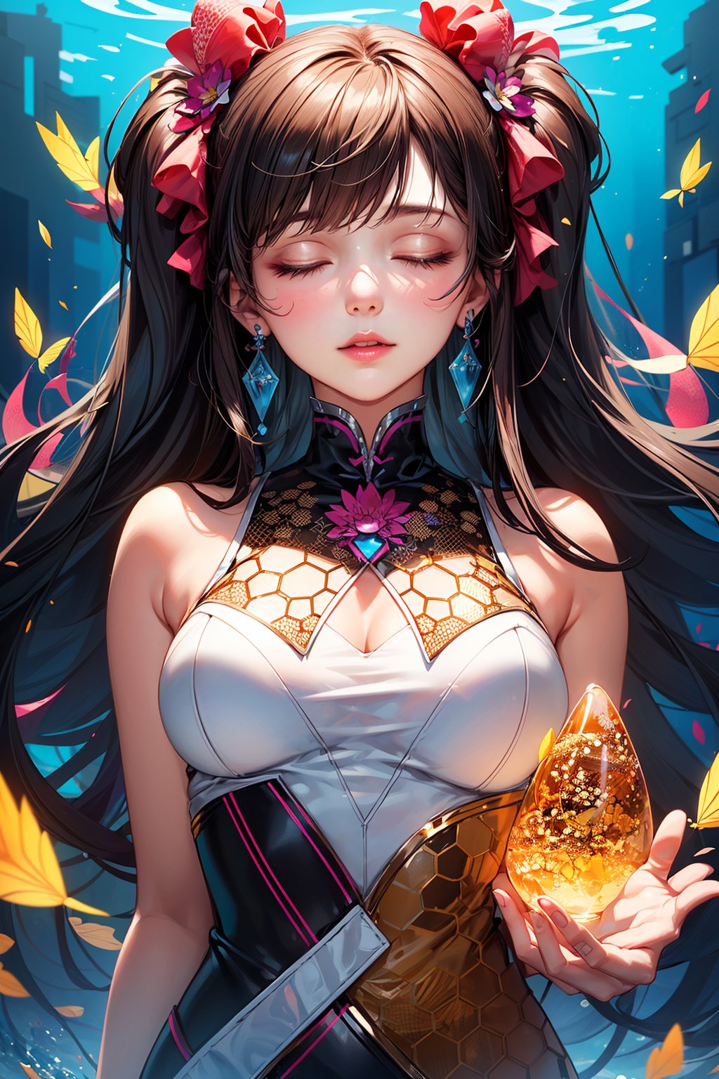 masterpiece, best quality, 1girl, closed eyes, upper body, splashing, abstract, psychedelic, neon, (honeycomb pattern), (creative:1.3), sy3, SMM, fantasy00d, hands behind back, 