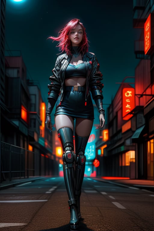 Red haired  woman walking naked in night  megalopolis , neon lights in the background ,moon light empty street,skyscrapers ,vintage ,diffused lighting, volumetric lighting ,realistic,cyberpunk robot,perfecteyes