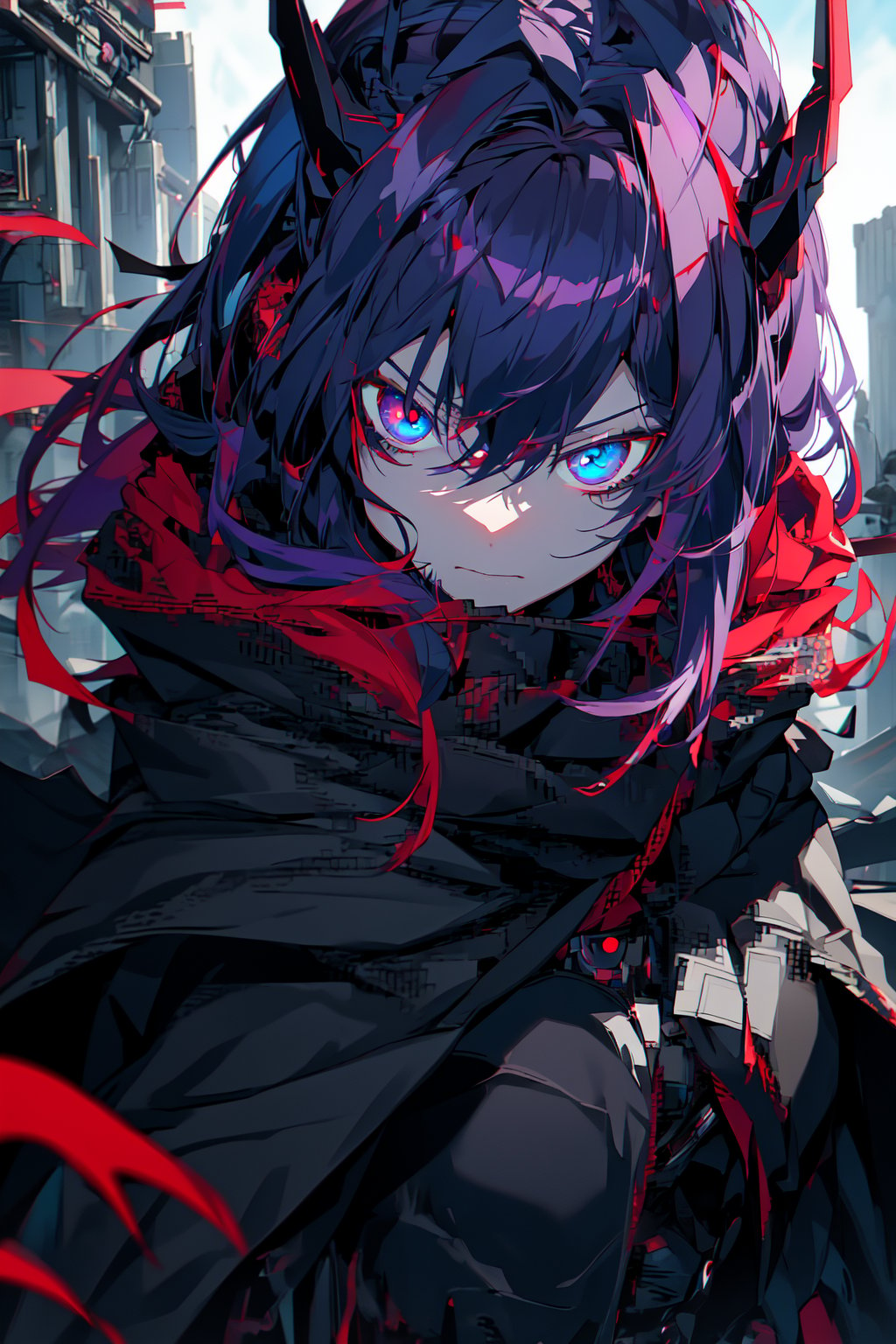 masterpiece, best quality, professional photograph of a menacing evil assassin anime girl with black and purple and red hair, pale blue eyes with dark blue iris, wearing a terrifying dark voluminous black cloak masterpiece, best quality