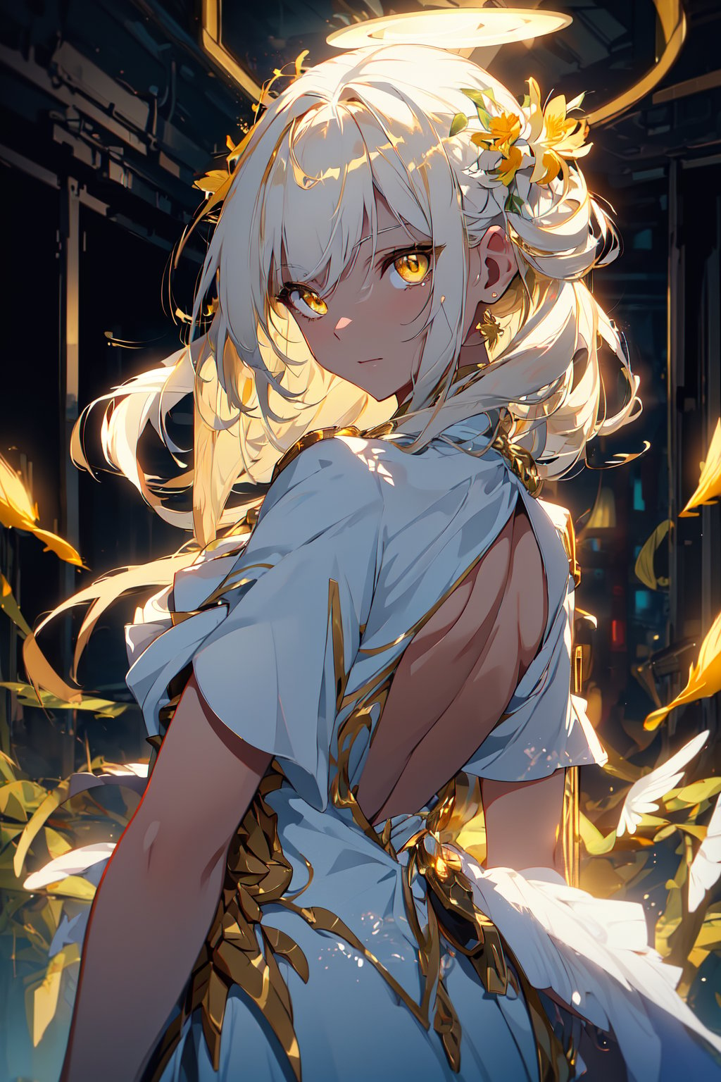 masterpiece, best quality, professional photograph of a beautiful anime angel with white hair with gold highlights and halo, golden eyes with yellow iris, wearing a beautiful flowing white dress with gold highlights masterpiece, best quality