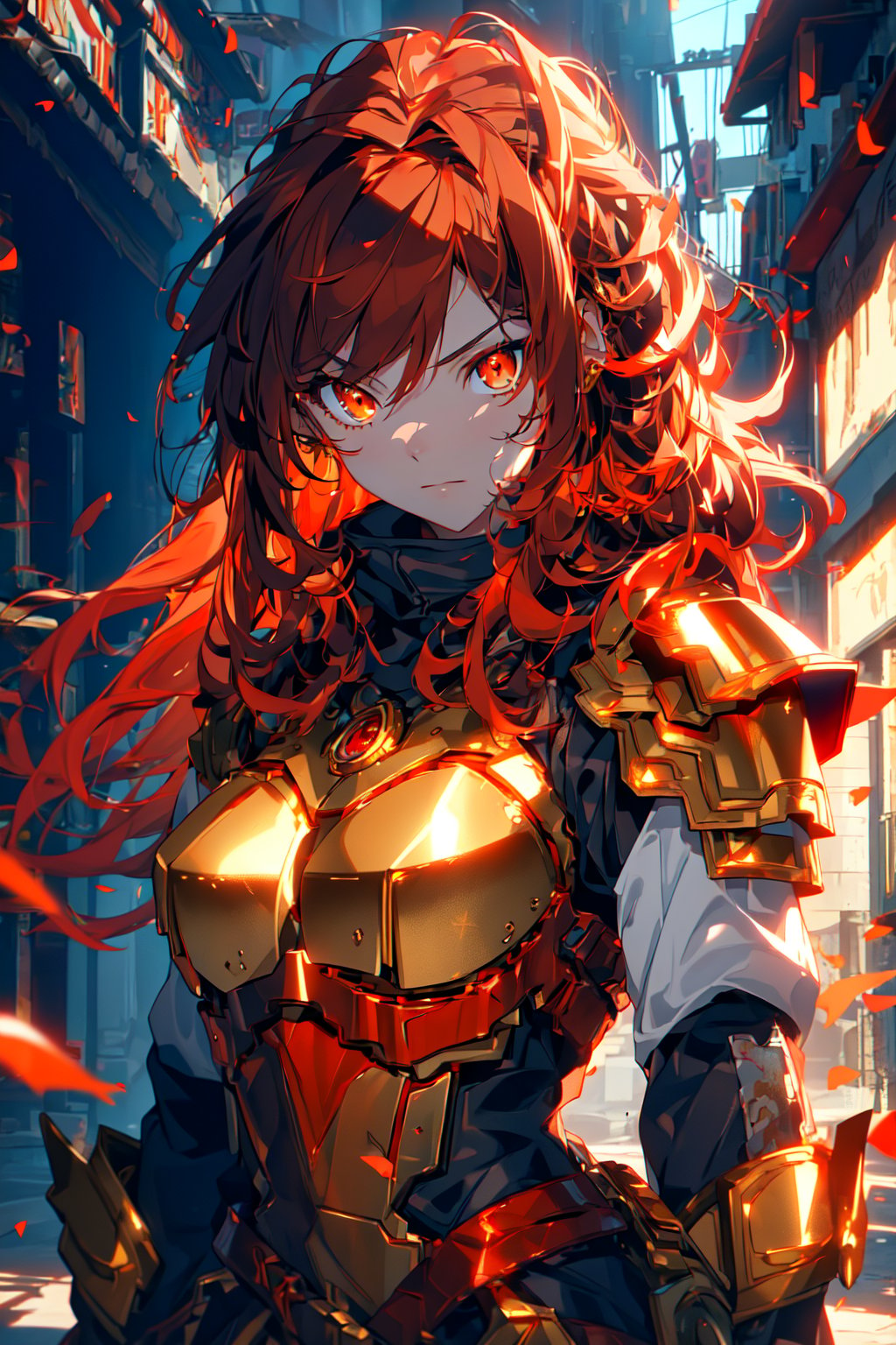 masterpiece, best quality, professional photograph of a beautiful warrior anime girl with red and dark orange hair, gold eyes with dark red iris, wearing a beautiful set of silver light armor with gold and amber highlights masterpiece, best quality