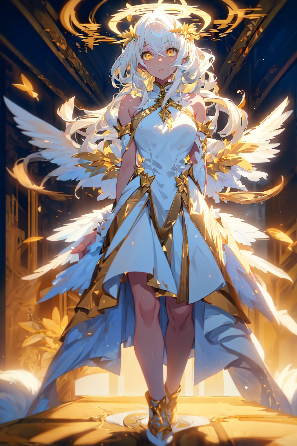 masterpiece, best quality, professional photograph of a beautiful anime angel with white hair with gold highlights and halo, golden eyes with yellow iris, wearing a beautiful flowing white dress with gold highlights and giant beautiful white perfect symmetrical wings masterpiece, best quality