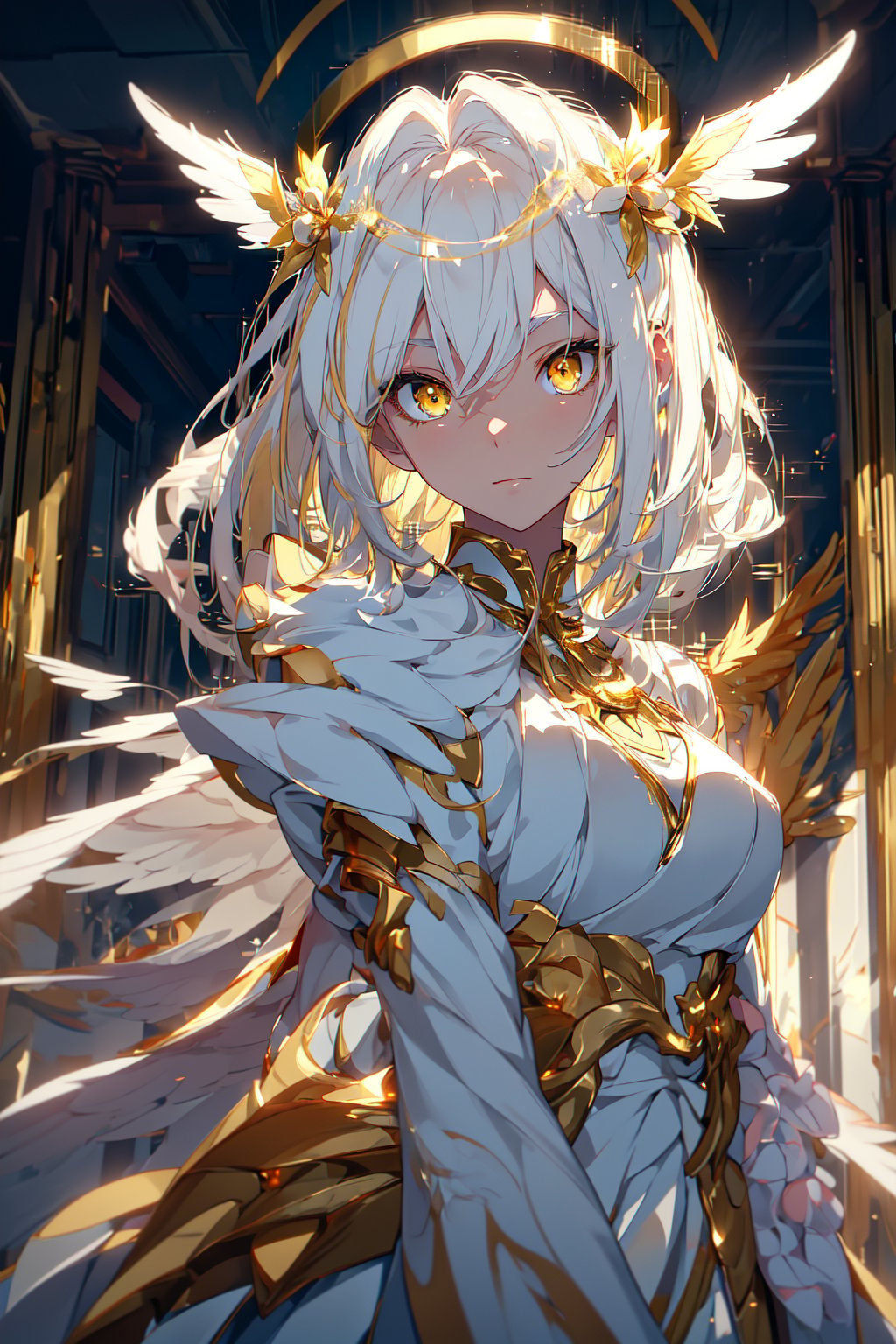 masterpiece, best quality, professional photograph of a beautiful anime angel with white hair with gold highlights and halo, golden eyes with yellow iris, wearing a beautiful flowing white dress with gold highlights and beautiful white perfect symmetrical wings masterpiece, best quality