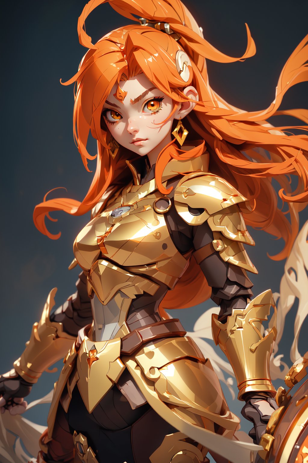 masterpiece, best quality, professional photograph of a beautiful warrior anime girl with red and dark orange hair, gold eyes with dark red iris, wearing a beautiful set of silver light armor with gold and amber highlights masterpiece, best quality