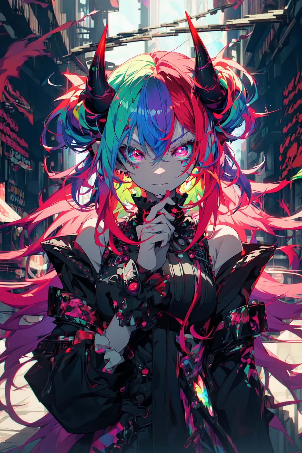 masterpiece, best quality, professional photograph of a menacing insane anime girl with vibrant neon rainbow colored hair with bright red demon horns, swirling kaleidoscope eyes with black iris, wearing gothic clothing, masterpiece, best quality