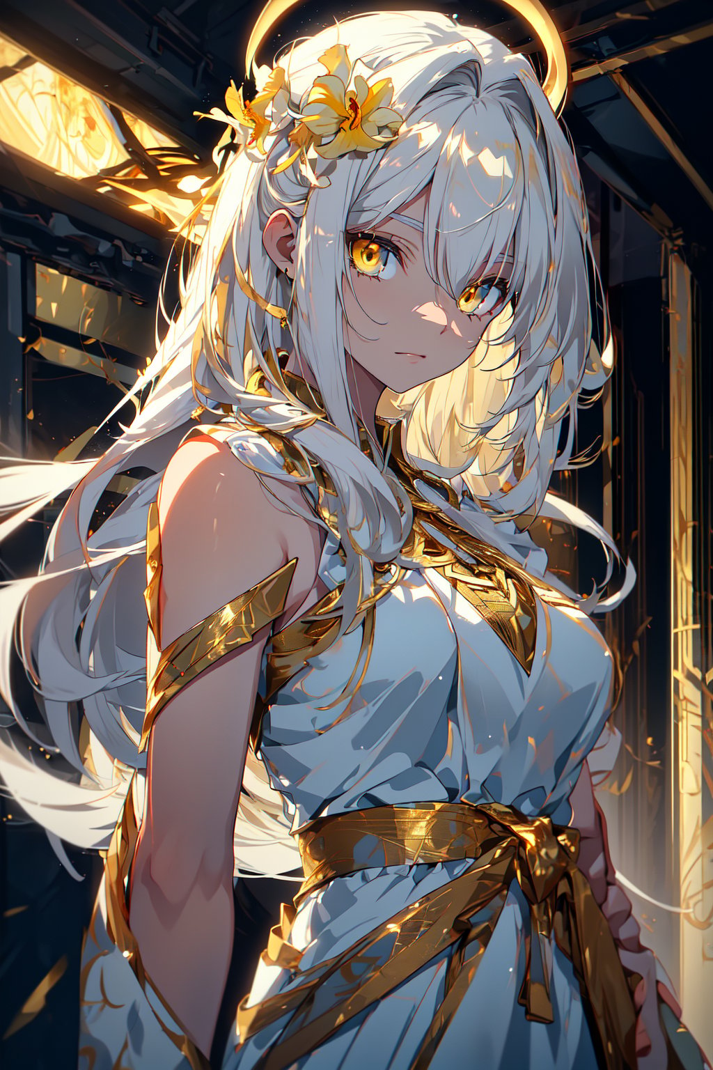 masterpiece, best quality, professional photograph of a beautiful anime angel with white hair with gold highlights and halo, golden eyes with yellow iris, wearing a beautiful flowing white dress with gold highlights masterpiece, best quality