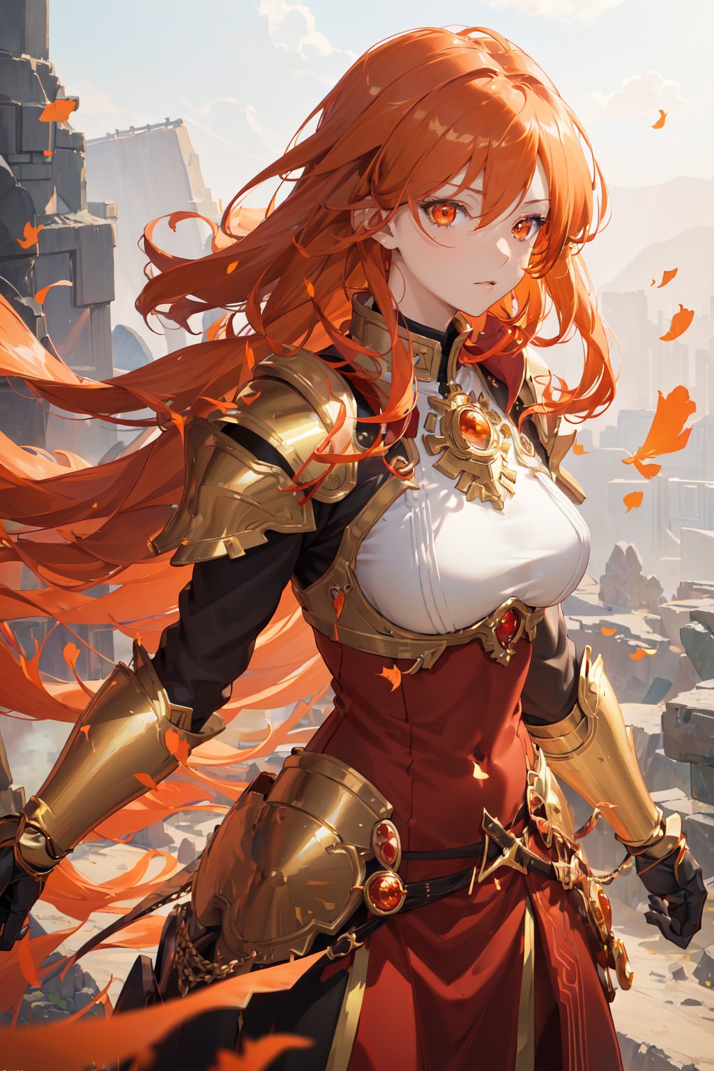 masterpiece, best quality, professional photograph of a beautiful warrior anime girl with red and dark orange hair, gold eyes with dark red iris, wearing a beautiful set of silver light armor with gold and amber highlights masterpiece, best quality