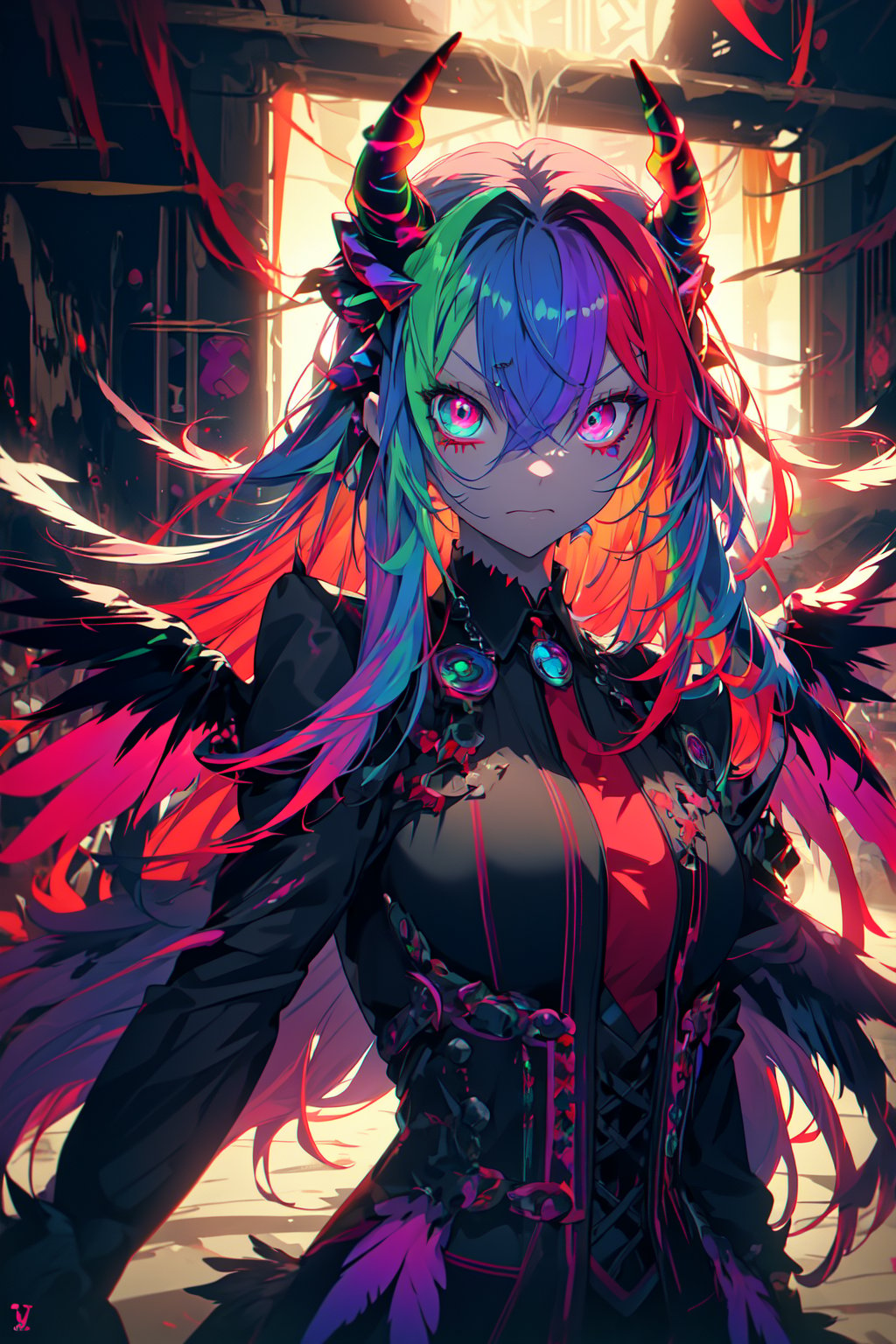 masterpiece, best quality, professional photograph of a menacing insane anime girl with vibrant neon rainbow colored hair with bright red demon horns, swirling kaleidoscope eyes with black iris, with giant rainbow feathered wings, wearing gothic clothing, masterpiece, best quality