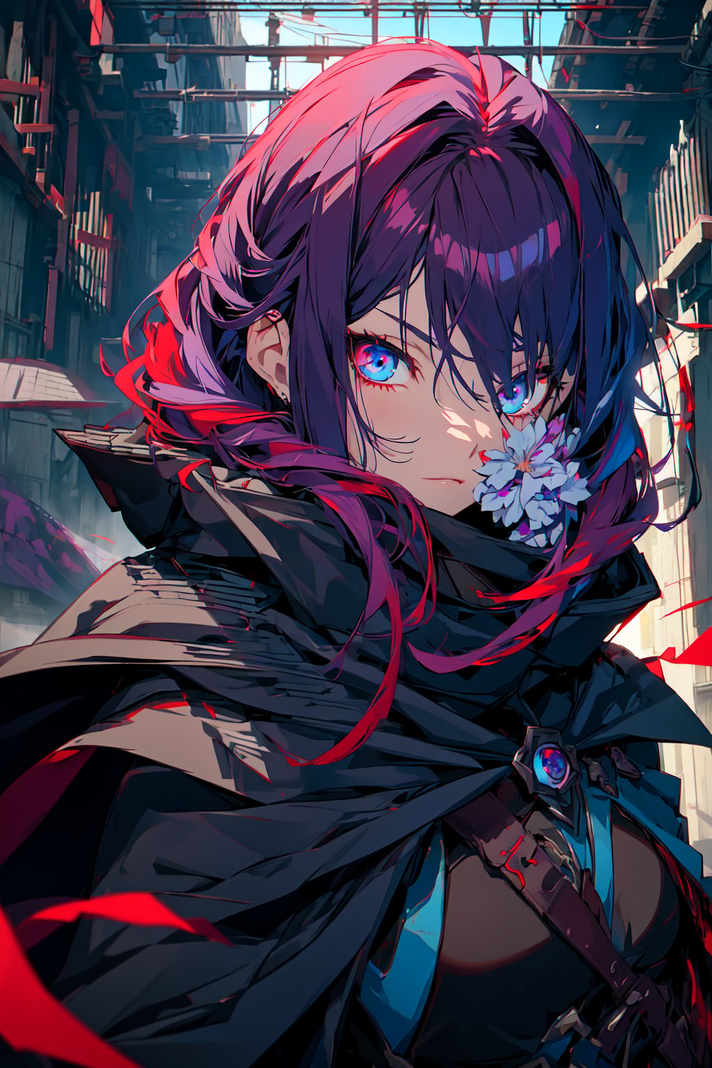 masterpiece, best quality, professional photograph of a beautiful assassin anime girl with black and purple and red hair, pale blue eyes with dark blue iris, wearing a beautiful voluminous black cloak masterpiece, best quality