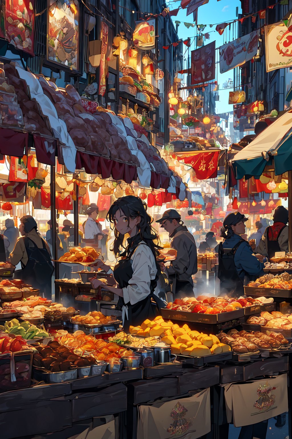 masterpiece, best quality, professional photograph of a beautiful city street market with a bustling crowd, red and gold color scheme, multiple different stalls selling different items and food, food cooking with steam, best quality