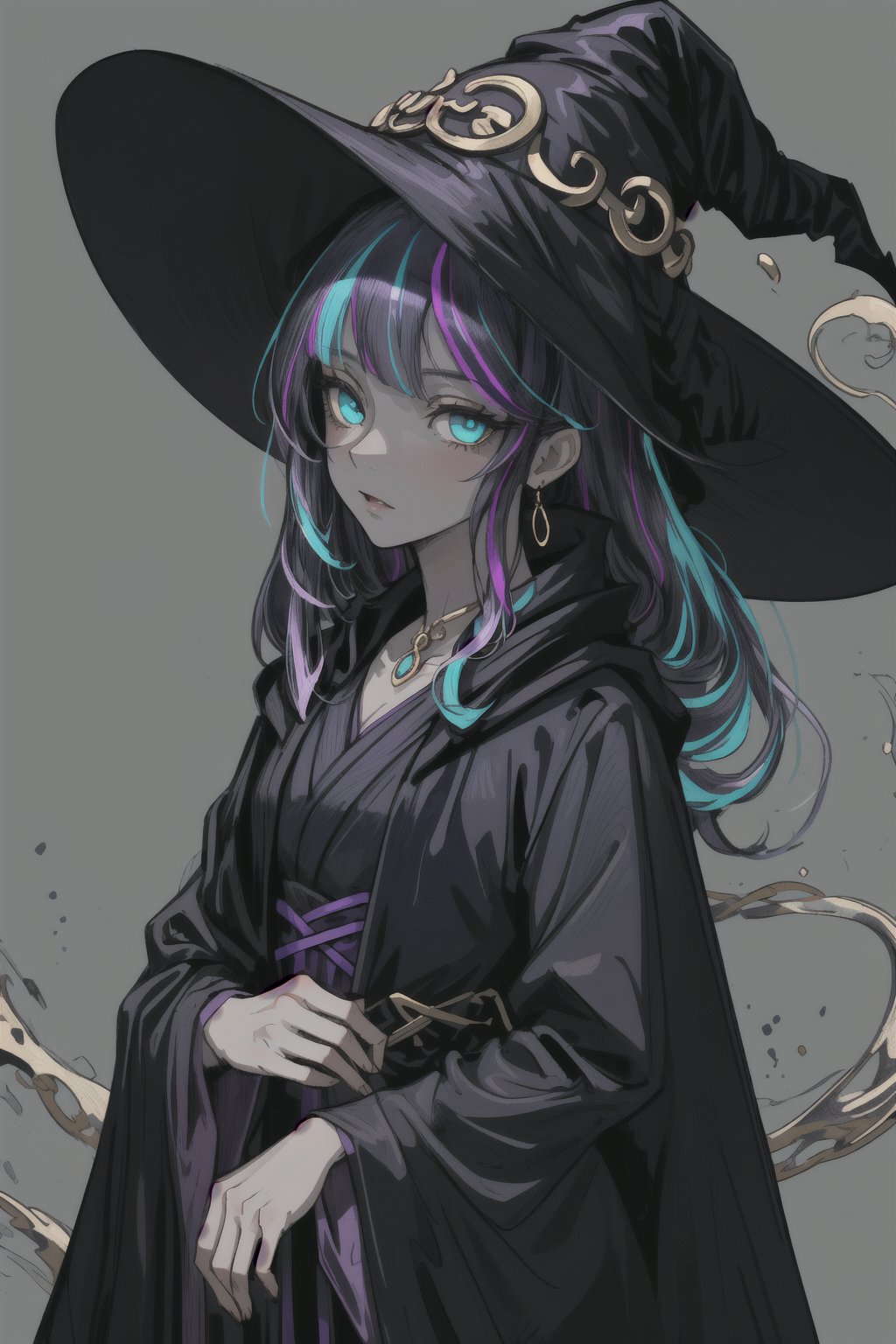 A beautiful witch with dark blue hair, turquoise eyes with purple iris, wearing a beautiful flowing black robe with gold highlights and very small purple highlights