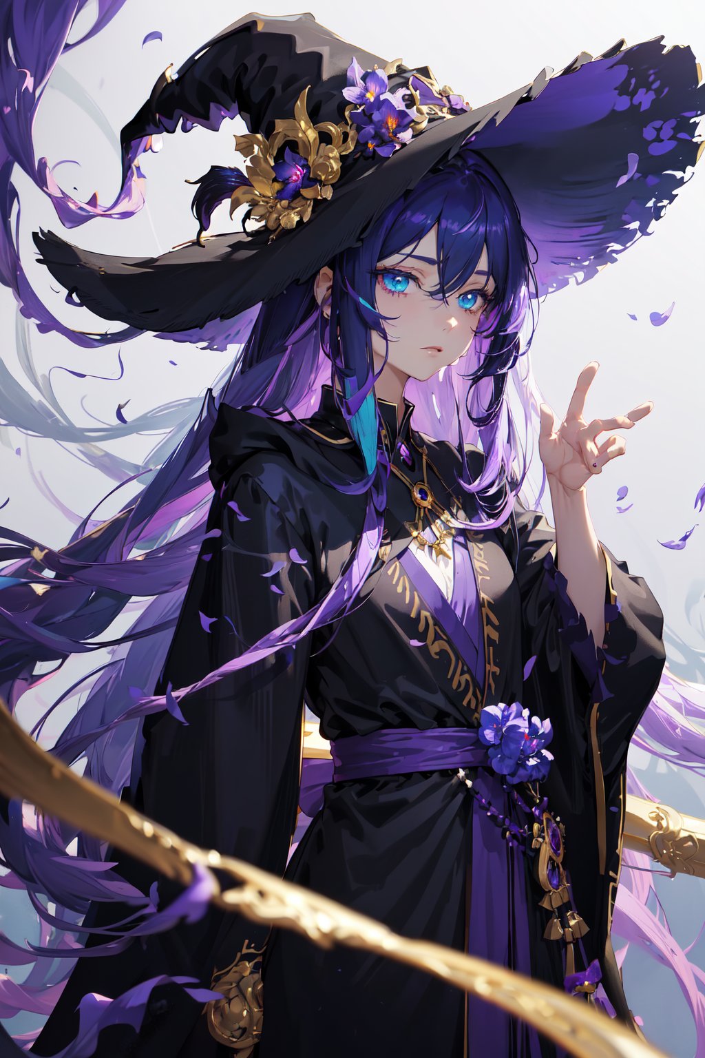 masterpiece, best quality, professional photograph of a beautiful anime witch with dark blue hair, turquoise eyes with purple iris, wearing a beautiful flowing black robe with gold highlights and very small purple highlights masterpiece, best quality