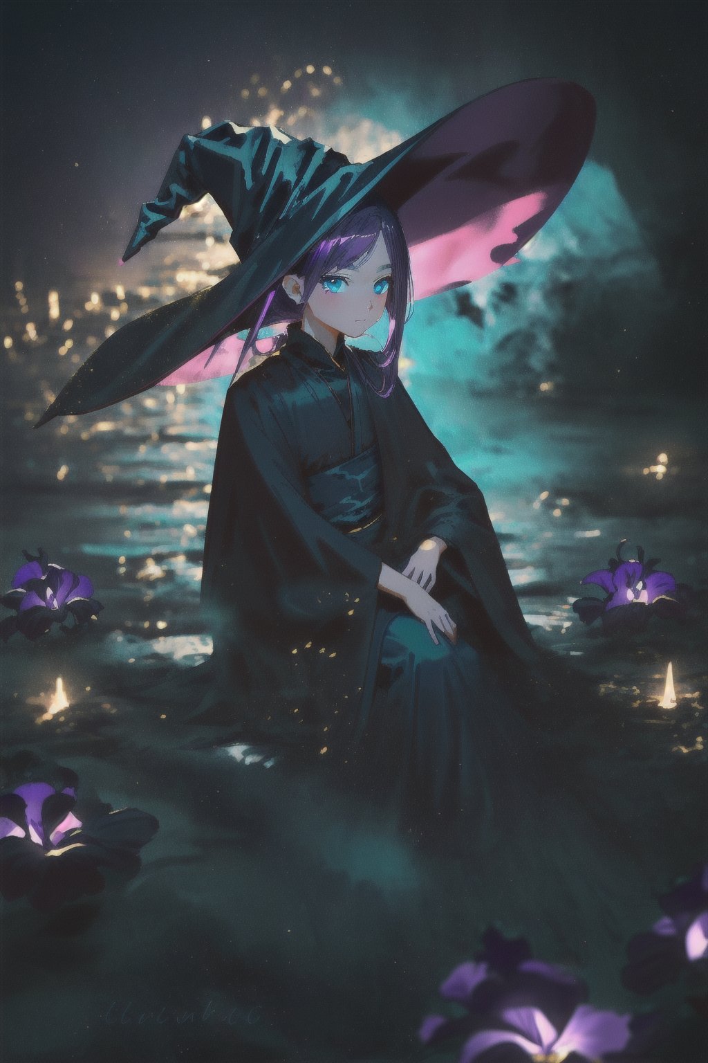 beautiful anime witch with dark blue hair, turquoise eyes with purple iris, wearing a beautiful flowing black robe with gold highlights and very small purple highlights