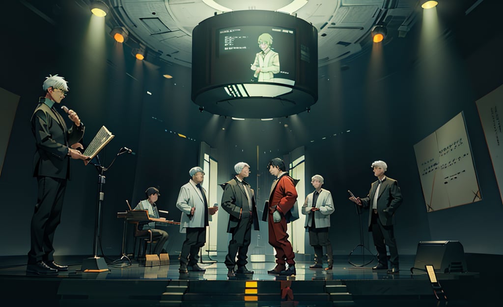 beautiful high res photo realistic detailed background Japanese music holl,【BRAKE】45years old, 3MENS playing synthesizer 、A stage where three people lined up in a row, are separated、　Red suit standing play fullbody、musician YMO. {{{ RYUICHI SAKAMOTO ((keyboard)), YUKIHIRO TAKAHASHI ((dram)), HARUOMI HOSONO .((bass)), }}}Manga-style speech bubbles in Japanese→君に胸キュン！,cyber_tech 