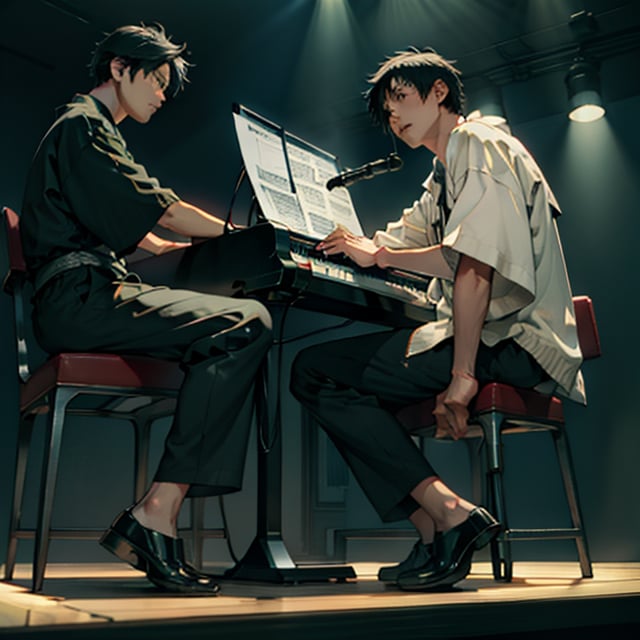 beautiful high res photo realistic detailed background Japanese music holl,【BRAKE】35years old, 3MENS playing synthesizer 、fullbody、musician YMO. {{{ RYUICHI SAKAMOTO keyboard, YUKIHIRO TAKAHASHI dram、HARUOMI HOSONO bass、 }}}Manga-style speech bubbles in Japanese→君に胸キュン！