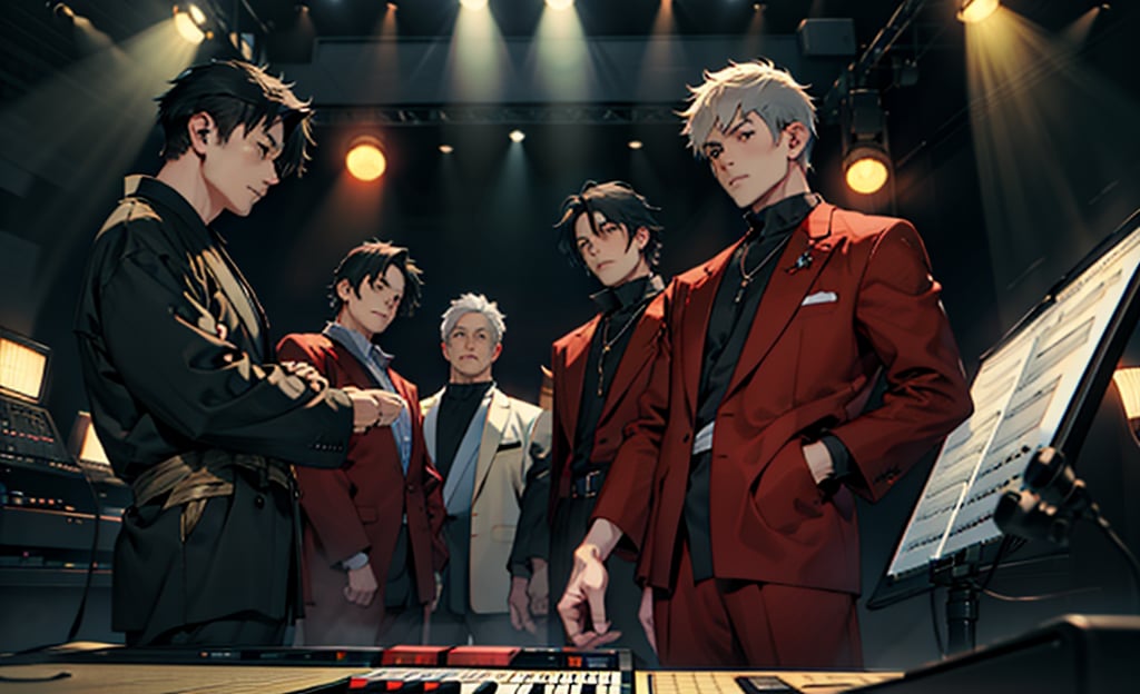 beautiful high res photo realistic detailed background Japanese music holl,【BRAKE】45years old, 3MENS playing synthesizer 、A stage where three people lined up in a row, are separated、　Red suit standing play fullbody、musician YMO. {{{ RYUICHI SAKAMOTO ((keyboard)), YUKIHIRO TAKAHASHI ((dram)), HARUOMI HOSONO .((bass)), }}}Manga-style speech bubbles in Japanese→君に胸キュン！