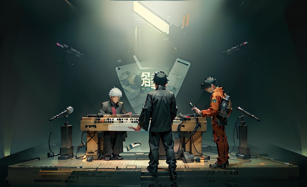 beautiful high res photo realistic detailed background Japanese music holl,【BRAKE】45years old, 3MEN playing synthesizer 、A stage where three people lined up in a row, are separated、　Red suit standing play fullbody、musician YMO. {{{ RYUICHI SAKAMOTO ((keyboard)), YUKIHIRO TAKAHASHI ((dram)), HARUOMI HOSONO .((bass)), }}}Manga-style speech bubbles in Japanese→君に胸キュン！,cyber_tech ,inboxDollPlaySetQuiron style,DonMASKTex 