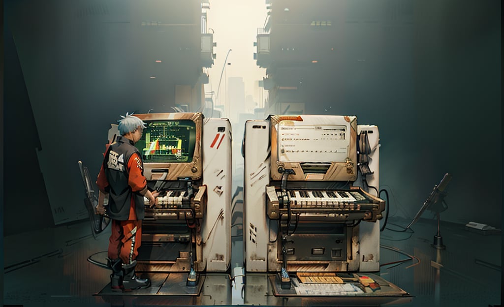 beautiful high res photo realistic detailed background Japanese music holl,【BRAKE】45years old, 3MEN playing synthesizer 、A stage where three people lined up in a row, are separated、　Red suit standing play fullbody、musician YMO. {{{ RYUICHI SAKAMOTO ((keyboard)), YUKIHIRO TAKAHASHI ((dram)), HARUOMI HOSONO .((bass)), }}}Manga-style speech bubbles in Japanese→君に胸キュン！,cyber_tech ,inboxDollPlaySetQuiron style,DonMASKTex 