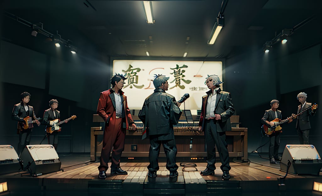 beautiful high res photo realistic detailed background Japanese music holl,【BRAKE】45years old, 3MENS playing synthesizer 、A stage where three people lined up in a row, are separated、　Red suit standing play fullbody、musician YMO. {{{ RYUICHI SAKAMOTO ((keyboard)), YUKIHIRO TAKAHASHI ((dram)), HARUOMI HOSONO .((bass)), }}}Manga-style speech bubbles in Japanese→君に胸キュン！,cyber_tech 