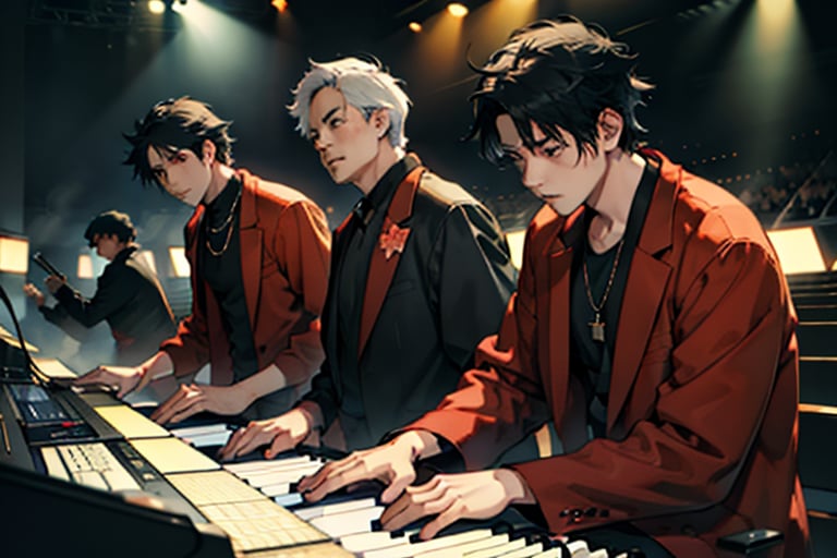 beautiful high res photo realistic detailed background Japanese music holl,【BRAKE】35years old, 3MENS playing synthesizer 、A stage where three people I lined up in a row.are separated、　Red suit standing play, fullbody、musician YMO. {{{ RYUICHI SAKAMOTO ((keyboard)), YUKIHIRO TAKAHASHI ((dram)), HARUOMI HOSONO .((bass)), }}}Manga-style speech bubbles in Japanese→君に胸キュン！