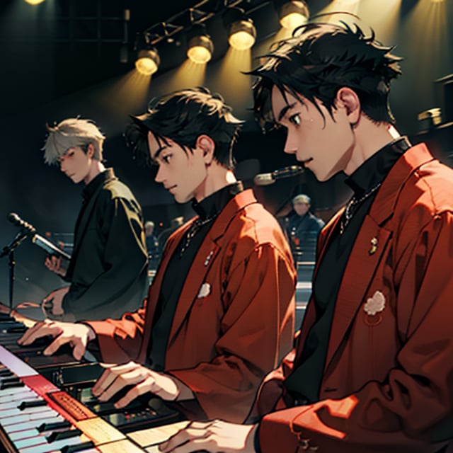 beautiful high res photo realistic detailed background Japanese music holl,【BRAKE】35years old, 3MENS playing synthesizer 、A stage where three people I lined up in a row.are separated、　Red suit standing play, fullbody、musician YMO. {{{ RYUICHI SAKAMOTO ((keyboard)), YUKIHIRO TAKAHASHI ((dram)), HARUOMI HOSONO .((bass)), }}}Manga-style speech bubbles in Japanese→君に胸キュン！