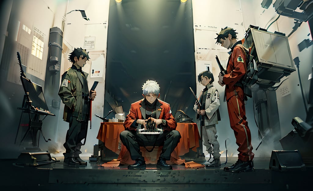 beautiful high res photo realistic detailed background Japanese music holl,【BRAKE】45years old, 3MENS playing synthesizer 、A stage where three people lined up in a row, are separated、　Red suit standing play fullbody、musician YMO. {{{ RYUICHI SAKAMOTO ((keyboard)), YUKIHIRO TAKAHASHI ((dram)), HARUOMI HOSONO .((bass)), }}}Manga-style speech bubbles in Japanese→君に胸キュン！,cyber_tech 