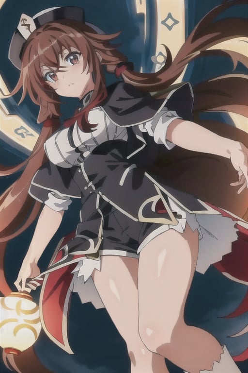 masterpiece, best quality,1girl, hu tao (genshin impact), boo tao,hat, red eyes, twintails, brown hair, solo, symbol-shaped pupils, long hair,bangs, black shorts , chinese clothes, ,1GIRL RIAS_GREMORY