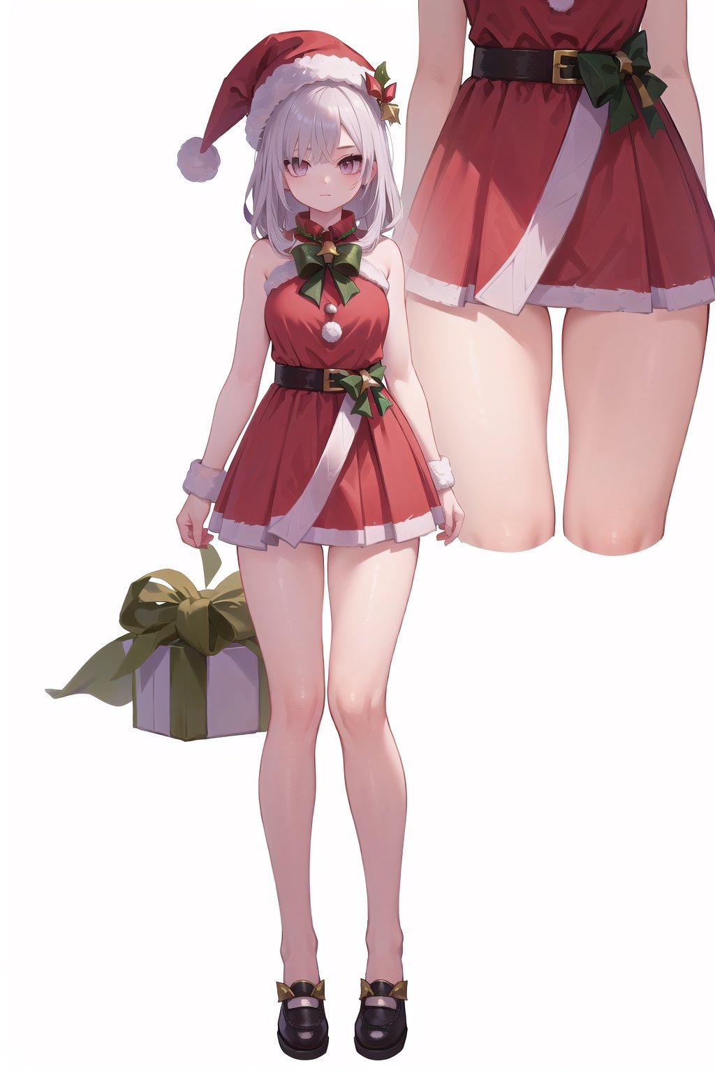  ((Perfect Human Anatomy)),  1girl, (Hands:1.1),  more detail,  (((bare_arms))), (masterpiece,best quality,ultra_detailed,highres,absurdres:1.2), full_body, better_hands, christmas_hat, santa_outfit, ahg, skirt, perfect, SkirkGI, christmas background, Christmas tree, gift