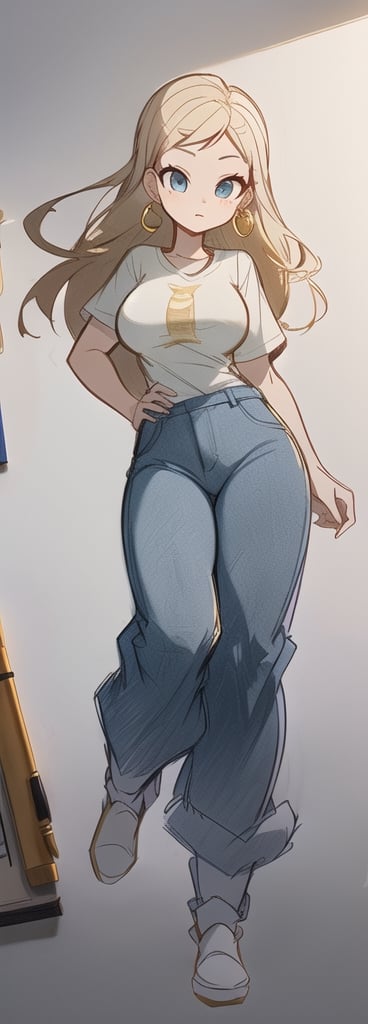 beautiful young teen girl, big breasts, big thighs, nice figure, light-eyed, seductive, casual clothes, 3d pixar style, blurred background, (Pencil_Sketch:1.2, blonde, whole body, white t-shirt, shean, beautiful eyes, gold earrings, wide trousers