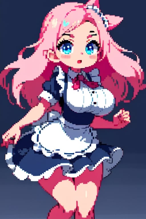 beautiful young loli, big breasts, big thighs, nice figure, light-eyed, seductive cat maid, cute, pixar style, blurred background, pink hair,pixelart