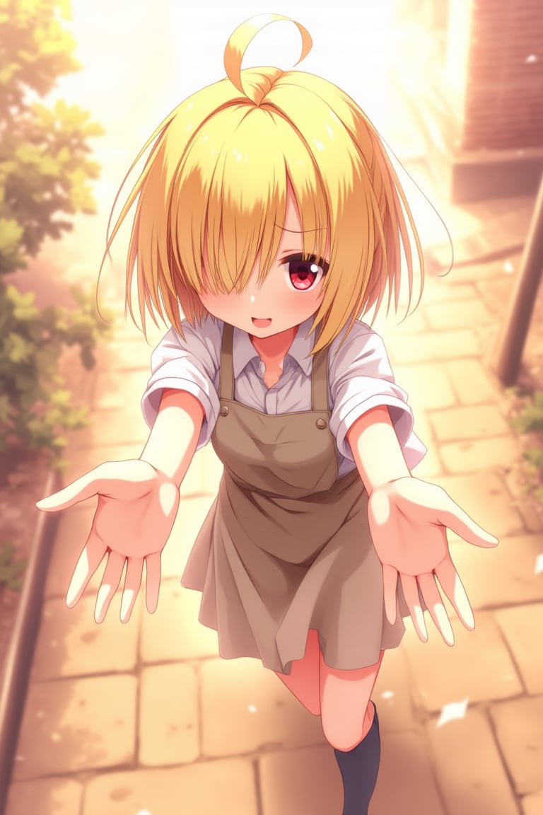 A whimsical, warm-toned anime scene: A girl runs towards the viewer with her arms open, in an incoming hug. her delicate fingers spread out with her extended arms. Her detailed, expressive anime hands reach out to the viewer for a loving hug. Her hair is blonde and covers one eye. Her eyes are red and her smile inviting. Delicate lines and textures define her features. She wears an apron and a white shirt with the sleeves rolled up.