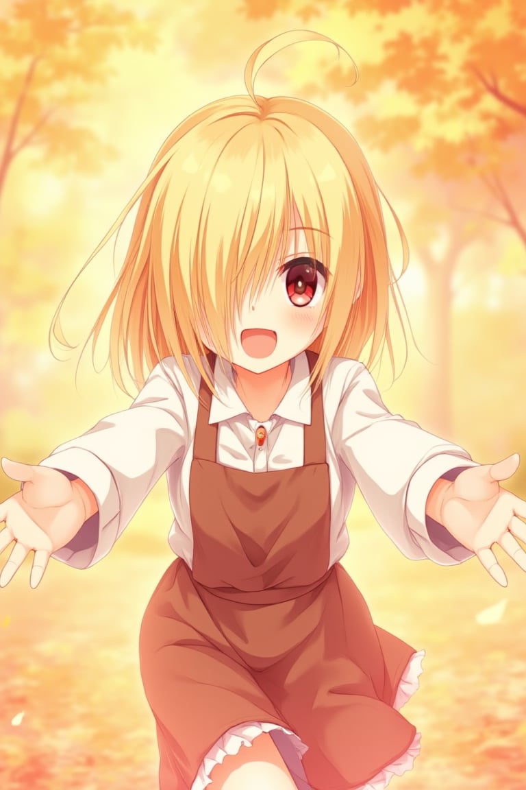 A whimsical, warm-toned anime scene: A girl runs towards the viewer with her arms open, in an incoming hug. her delicate fingers spread out with her extended arms. Her detailed, expressive anime hands reach out to the viewer for a loving hug. Her hair is blonde and covers one eye. Her eyes are red and her smile inviting. Delicate lines and textures define her features. She wears an apron and a white shirt with the sleeves rolled up.